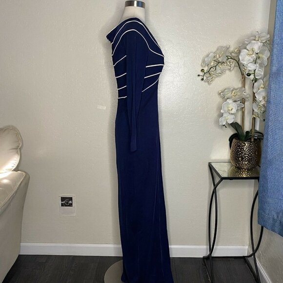 Vtg TADASHI Blue Formal Evening Long Sleeve Gown front slit S. - Picture 2 of 7